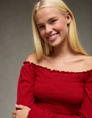 AE Sunchaser Off-the-Shoulder Smocked Tee