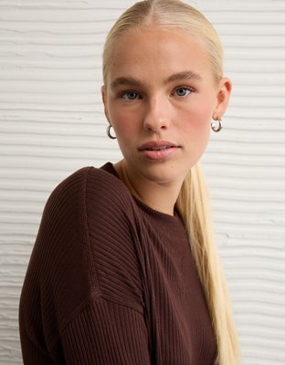 Женская футболка American Eagle AE Long-Sleeve Waffle Plush Crew Neck, цвет: Коричневый — фото 6
