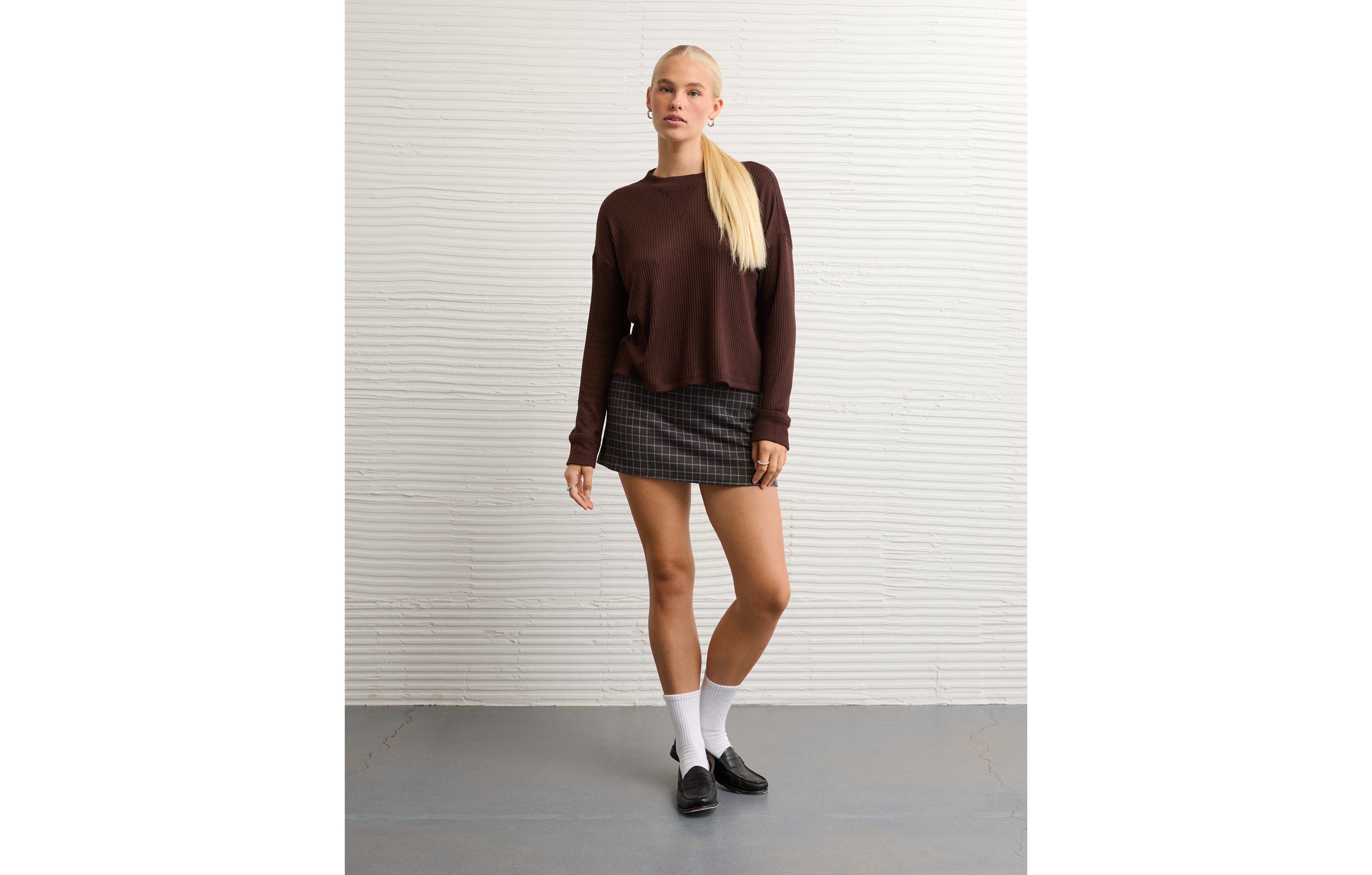 AE Long-Sleeve Waffle Plush Crew Neck Tee