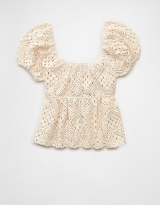 AE Lace Tie-Front Puff Sleeve Tee | American Eagle