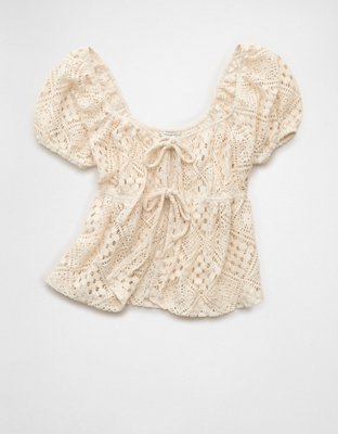 AE Lace Tie-Front Puff Sleeve Tee