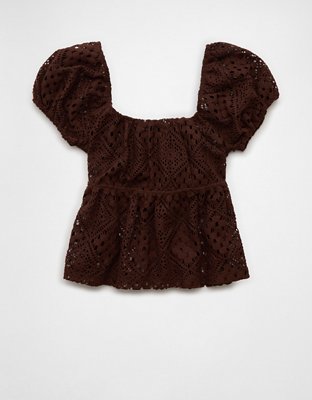 AE Lace Tie-Front Puff Sleeve Tee | American Eagle
