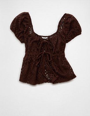 AE Lace Tie-Front Puff Sleeve Tee