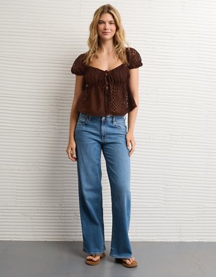 AE Lace Tie-Front Puff Sleeve Tee