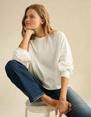 Женская футболка American Eagle AE Balloon Sleeve Crew Neck, цвет: Яркий белый — фото 6