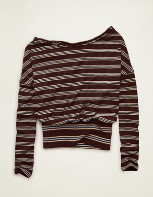 Женская футболка American Eagle AE Long-Sleeve Cozy Dolman, цвет: Коричневый — фото 3