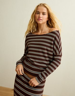 Женская футболка American Eagle AE Long-Sleeve Cozy Dolman, цвет: Коричневый — фото 1