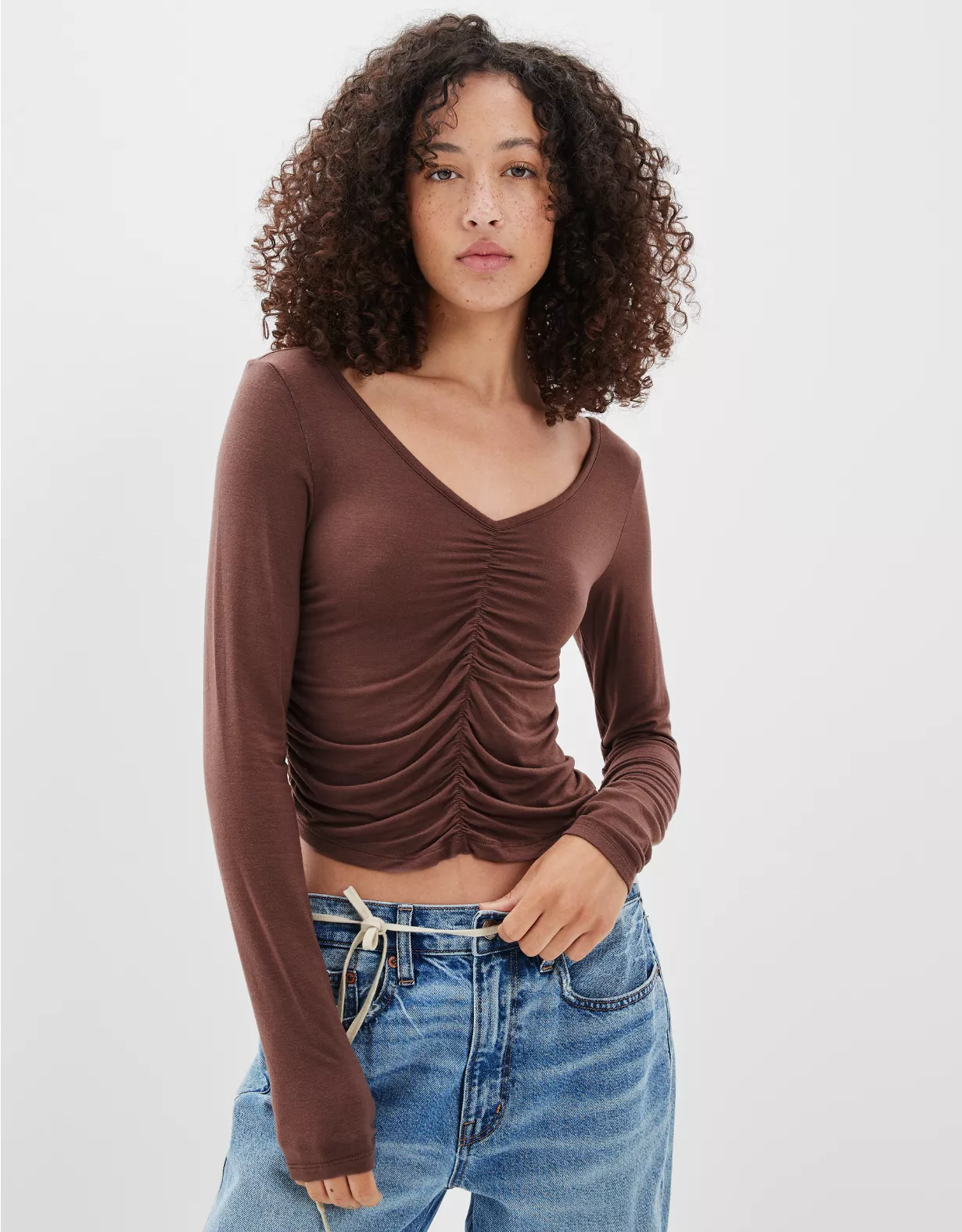 AE Long-Sleeve Soft & Sexy Ruched T-Shirt