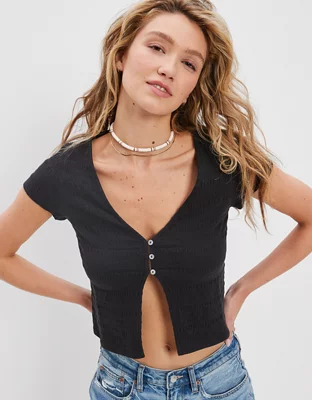 AE Button-Front Split Hem Tee