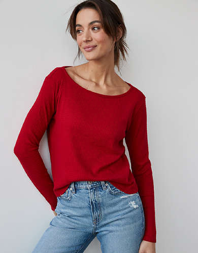AE Off-The-Shoulder Plush Long-Sleeve T-Shirt