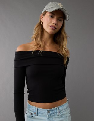 Black long sleeve off the shoulder crop top online