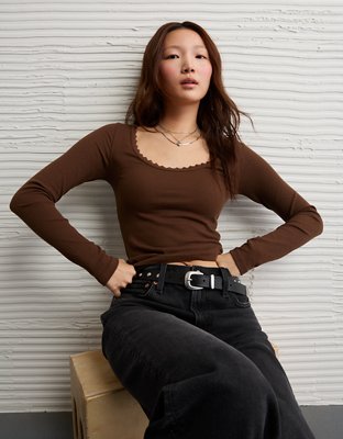 AE Lace-Trim Long Sleeve T-Shirt | American Eagle