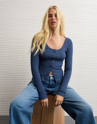 AE Waffle Long Sleeve Button-Up Tee