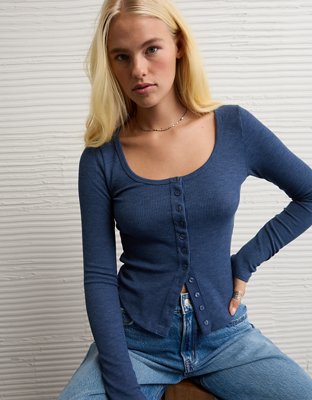 AE Waffle Long Sleeve Button-Up Tee | American Eagle