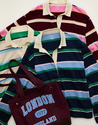 AE Long-Sleeve Striped Rugby Polo Shirt