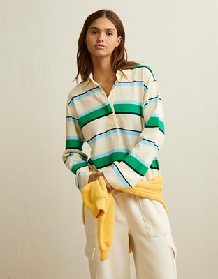 AE Long-Sleeve Striped Rugby Polo Shirt