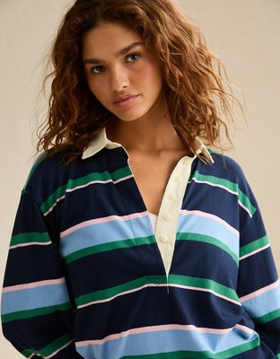AE Long-Sleeve Striped Rugby Polo Shirt