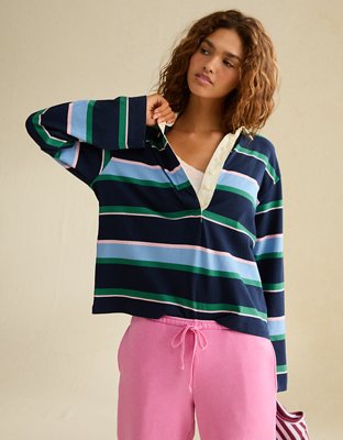 AE Long-Sleeve Striped Rugby Polo Shirt