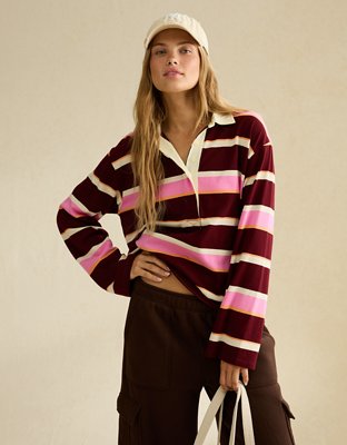 AE Long-Sleeve Striped Rugby Polo Shirt