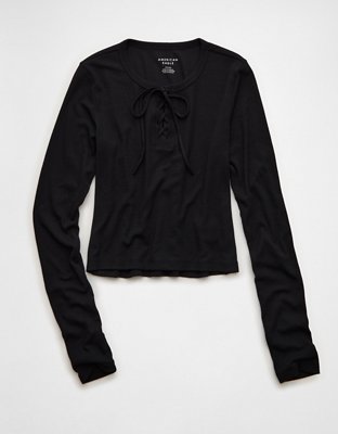 トップス Andwang Cross Lace Long Tee black AE Long-Sleeve Lace-Up T-Shirt | American Eagle