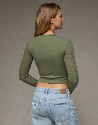 AE Cropped Long-Sleeve Lace-Up T-Shirt | American Eagle