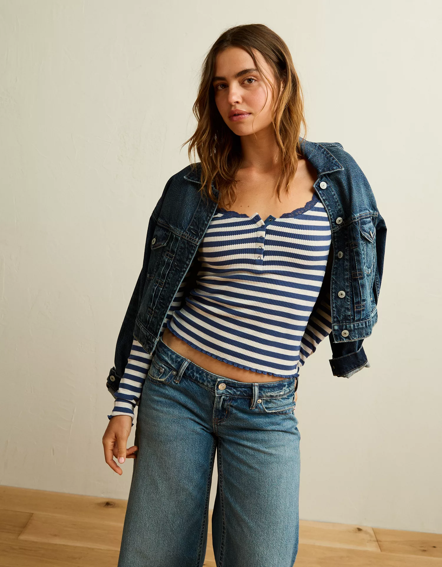 AE Cozy Waffle Lace Trim Henley T-Shirt - thumbnail 7