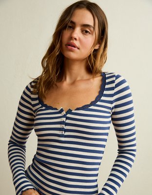 AE Cozy Waffle Lace Trim Henley T-Shirt