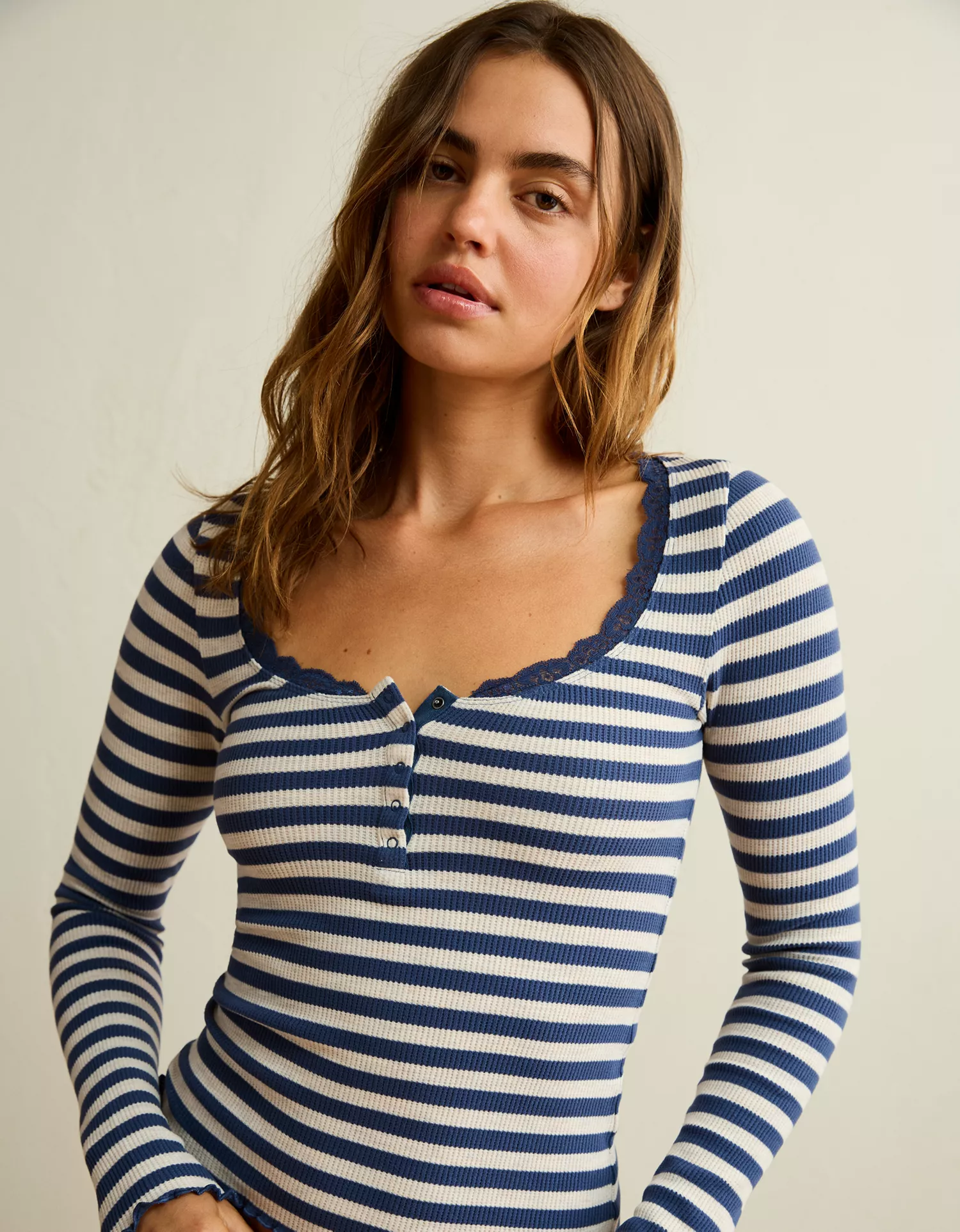 AE Cozy Waffle Lace Trim Henley T-Shirt - thumbnail 8