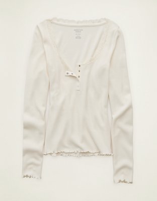 AE Cozy Waffle Lace Trim Henley T-Shirt
