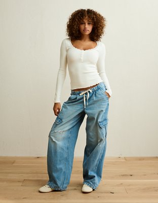 AE Cozy Waffle Lace Trim Henley T-Shirt
