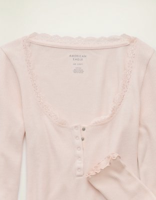 AE Cozy Waffle Lace Trim Henley T-Shirt