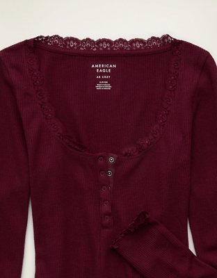 AE Cozy Waffle Lace Trim Henley T-Shirt