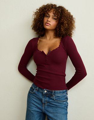 AE Cozy Waffle Lace Trim Henley T-Shirt