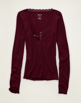AE Cozy Waffle Lace Trim Henley T-Shirt