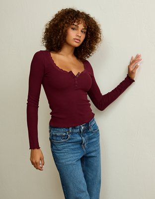 AE Cozy Waffle Lace Trim Henley T-Shirt | American Eagle