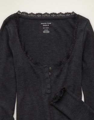 AE Cozy Waffle Lace Trim Henley T-Shirt