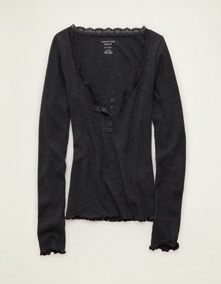AE Cozy Waffle Lace Trim Henley T-Shirt
