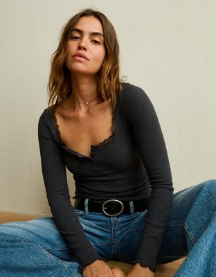 AE Cozy Waffle Lace Trim Henley T-Shirt