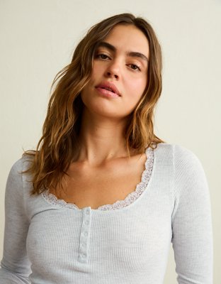 AE Cozy Waffle Lace Trim Henley T-Shirt