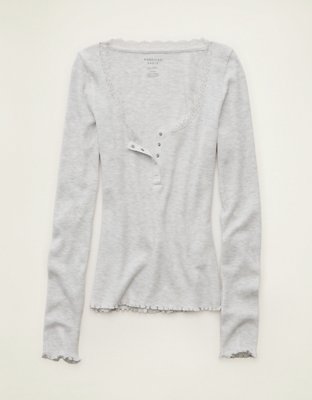 AE Cozy Waffle Lace Trim Henley T-Shirt