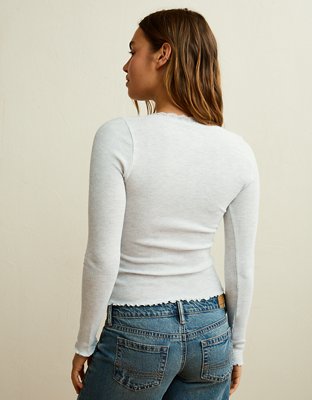 AE Cozy Waffle Lace Trim Henley T-Shirt