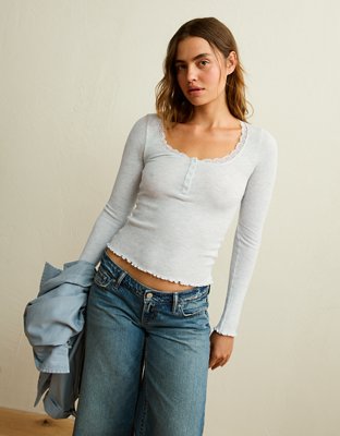AE Cozy Waffle Lace Trim Henley T-Shirt