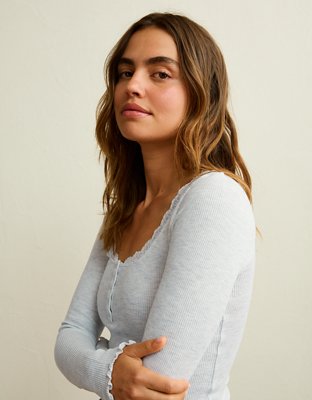 AE Cozy Waffle Lace Trim Henley T-Shirt