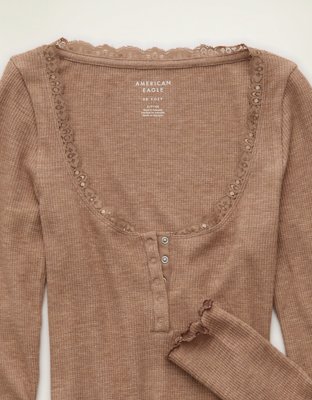 AE Cozy Waffle Lace Trim Henley T-Shirt