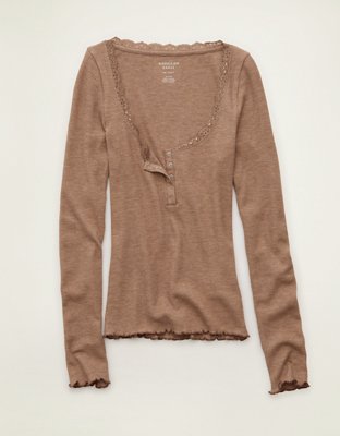 AE Cozy Waffle Lace Trim Henley T-Shirt
