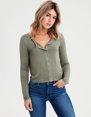 American Eagle Henley Shirt
 AE Long Sleeve Snap Front Henley T Shirt Olive