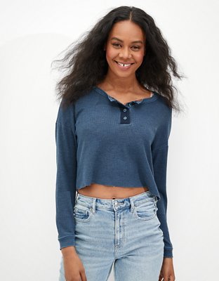 Green Ribbed Henley Top - Long Sleeve Top - Cropped Henley - Lulus