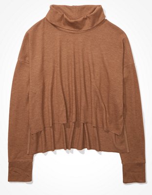 Image of AE Cropped Long Sleeve Mock Neck T-Shirt Women's Brown XXS