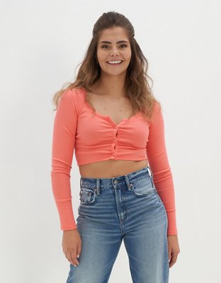 AE Long-Sleeve Button-Up Cinch Tee