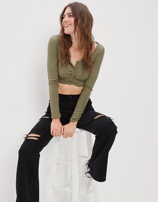 AE Long-Sleeve Button-Up Cinch Tee